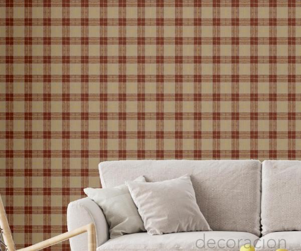 Бордовые бежевые обои в клетку тартан #7073104